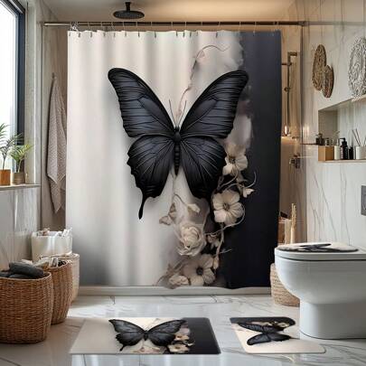 1/2/3/4pcs 3D Black & White Butterfly & Flower Theme Bathroom Shower Curtain Set, Including 12pcs Hooks, Bathroom Mat, U-Shape Toilet Lid Cover, Waterproof Shower Curtain, Fashionable Decoration For Bathroom, Modern Style Partition Curtain, No Drilling Required, Made Of Polyester, Machine Washable Home Bathroom Decor Summer