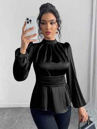 Women's Elegant Solid Color Stand Collar Lantern Sleeve Ruched Waist Top, Spring & Autumn