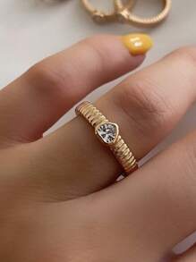1pc Fashion Copper Alloy Dual-Tone Zirconia Stone Inlaid Ring, Suitable For Daily Wear, Party And Holiday Gift For Friends - Gold - View 10