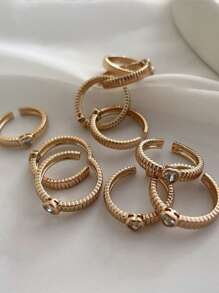 1pc Fashion Copper Alloy Dual-Tone Zirconia Stone Inlaid Ring, Suitable For Daily Wear, Party And Holiday Gift For Friends - Gold - View 8