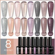8 件装凝胶指甲油套装红色粉色半永久可浸泡 UV LED 混合凝胶清漆套装美甲沙龙 DIY 凝胶指甲设计装饰适合秋季居家