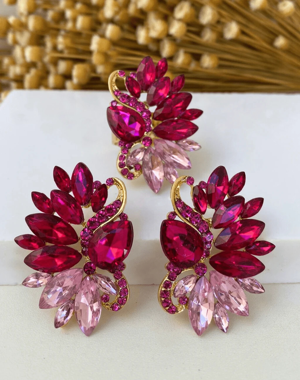 Purple And Green Earring And Ring / Blue Earring / Fuchsia Earring / Purple Earring / Green Earring / Pink Earring - 紫紅色 - 查看 1