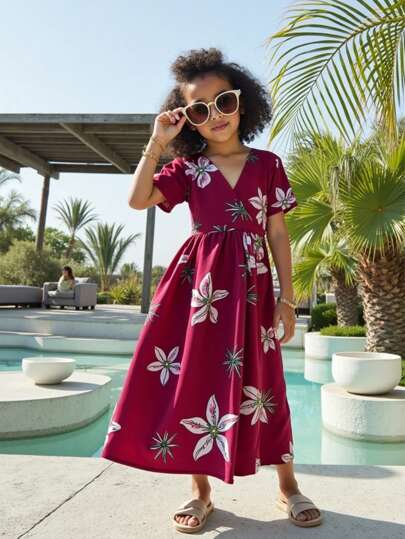 Seven Princess Kleine Mädchen Ramadan Sommer Neues Kleid mit V-Ausschnitt, Kurzarm, Blume Muster, Lässig, geeignet für Lässig, Urlaub, Party, Outdoor