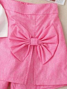 2pcs Girls Cartoon Print White Short Sleeve Top And Pink Skirt Shorts Set,Cute & Sweet, Fit For Casual Outings & Holiday, Summer