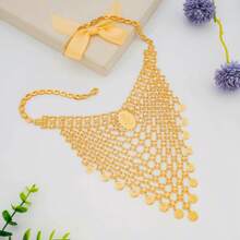 3pcs/Set Retro Coin, Tassel, Geometric & Rose Flower Pattern Charm, 18K Gold Plated, European & American Dubai Style Necklace + Earrings, Elegant Wedding Bridal Jewelry Gift Set For Mom, Sister, Valentine's Day Valentines,Mom,Mother,Mother's Day,Gift - Gold - View 3