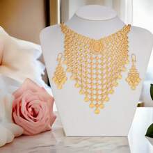 3pcs/Set Retro Coin, Tassel, Geometric & Rose Flower Pattern Charm, 18K Gold Plated, European & American Dubai Style Necklace + Earrings, Elegant Wedding Bridal Jewelry Gift Set For Mom, Sister, Valentine's Day Valentines,Mom,Mother,Mother's Day,Gift - Gold - View 1