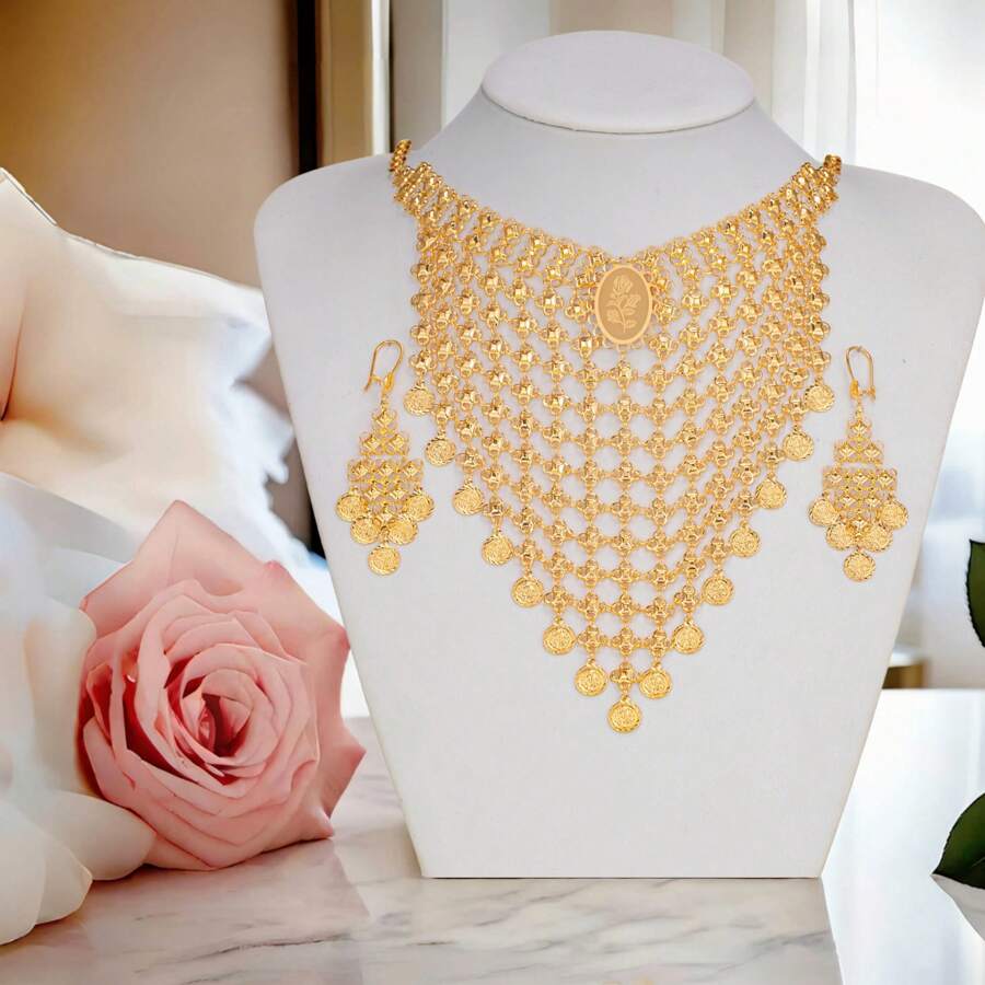 3pcs/Set Retro Coin, Tassel, Geometric & Rose Flower Pattern Charm, 18K Gold Plated, European & American Dubai Style Necklace + Earrings, Elegant Wedding Bridal Jewelry Gift Set For Mom, Sister, Valentine's Day Valentines,Mom,Mother,Mother's Day,Gift - Gold - View 1