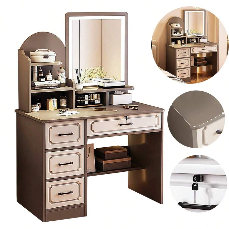 Tocador con 3 Cajones y Espejo -Tocador Moderno Vanidad para Maquillaje con Amplio Almacenamiento, Ideal para Organizar Todos tus Cosméticos - Gris - Ver 1