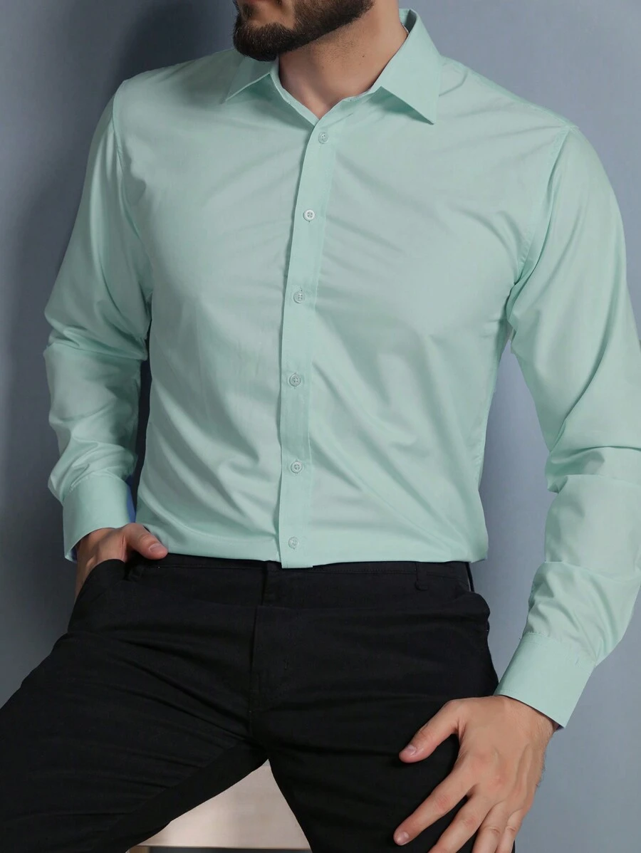 Men's Long Sleeve Slim Dress Shirt In Microfiber Fabric - Green - View 1