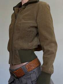 复古女式灯芯绒外套圆领拼接修身原宿夹克秋冬 Y2K 复古休闲拉链夹克 - 棕色 - 查看 5