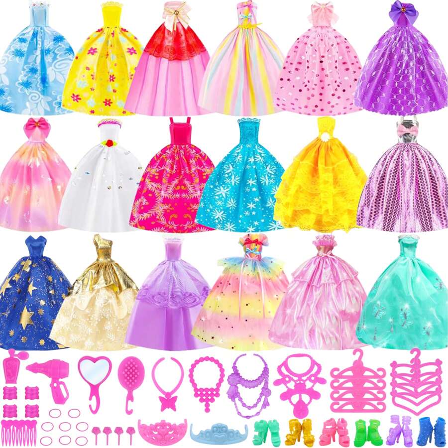 51 Pcs 11.5 Inch Girl Doll Clothes And Accessories - 6 Pcs 11.5 Inch Girl Doll Wedding Evening Party Dresses Grown With 45 Pcs 11.5 Inch Girl Doll Shoes Hangers And Other Accessories - Nhiều màu - Xem 1