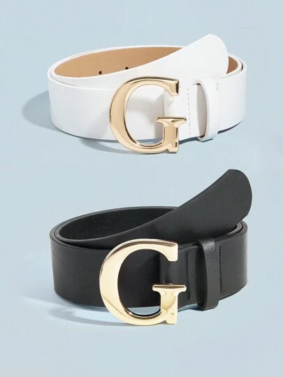 2条装素色字母扣个性化PU皮腰带，适合圣诞节、万圣节、所有季节（夏季、秋季、上学季等）