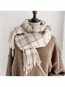 Women Winter Imitation Cashmere Plaid Solid Color Scarf Ladies Warm Long Soft Shawl Wrap - Beige - View 5