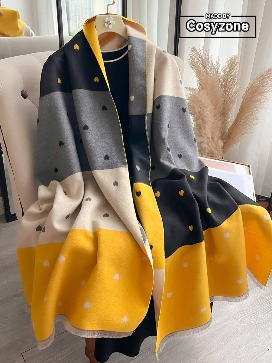 1 pieza Chal/Bufanda de cachemira sintética multicolor con patrón de corazón de patchwork, versátil y apto para uso diario, grueso y cálido