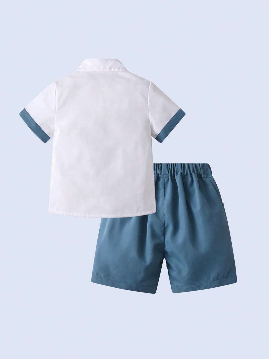 BOARNSEORL 2 件套男婴套装，短袖上衣和蓝色短裤，传统休闲舒适服装，适合家庭聚会、派对和日常穿着