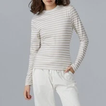 Camisetas de manga larga para mujer, camisas de rayas con cuello redondo, blusas informales ajustadas de primavera, ropa de calle