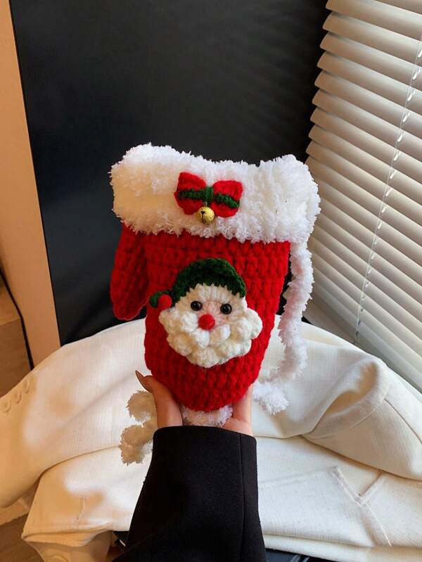 Cute Christmas Tree Pattern Warm Knitted Crossbody Bag, Popular New Year Gift Mini Purse For Women, Elegant & Festive