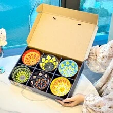6件-4.75英寸波西米亚陶瓷碗，釉下彩饭碗，全新陶瓷餐具，加厚家用，可礼盒包装，适用于饭碗、沙拉碗、意大利面碗、甜点碗，送朋友的礼物，节日礼物，乔迁礼物，陶瓷餐具，适用于烤箱、微波炉和洗碗机 - 彩色 - 查看 13