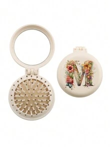 1pc Valentine's Day Flower Aesthetics 26-Letter Mirror Comb, Best Maid Of Honor, Teacher, Friend Gift, Graduation Essential Portable Backrest Comb, Foldable Air Cushion Comb, Travel Camping Essential,Hair Brush,Comb,Hair Tools,Hair Products And Accessories For Barber Salon Beauty Travel Essentials