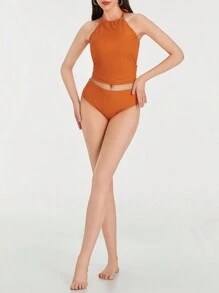 Two Piece Tankini Swimsuits For Women Tummy Control Bathing Suits Halter Swim Top With Shorts - Orange - View 4
