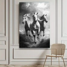 1 Pc Black And White Horse Wooden Framed  Canvas Painting Thickness 2.25cm/0.9inch High Quality Wall Art Prints Poster Direct Hanging Wall Picture Decor For Home Gifts, Christmas Gift,Living Room, Bathroom, Bedroom, Kitchen
