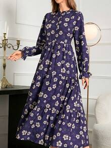 Damen Blume Muster Langarm Arabisches Kleid mit Stehkragen und Rüschensaum aus Webstoff, Urlaub Frühling - Blau - Übersicht 6
