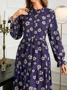 Damen Blume Muster Langarm Arabisches Kleid mit Stehkragen und Rüschensaum aus Webstoff, Urlaub Frühling - Blau - Übersicht 7