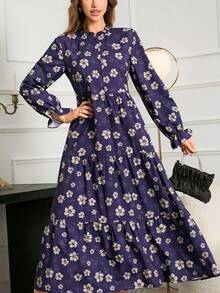 Damen Blume Muster Langarm Arabisches Kleid mit Stehkragen und Rüschensaum aus Webstoff, Urlaub Frühling - Blau - Übersicht 2