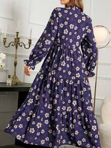 Damen Blume Muster Langarm Arabisches Kleid mit Stehkragen und Rüschensaum aus Webstoff, Urlaub Frühling - Blau - Übersicht 3