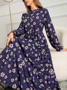 Damen Blume Muster Langarm Arabisches Kleid mit Stehkragen und Rüschensaum aus Webstoff, Urlaub Frühling - Blau - Übersicht 1
