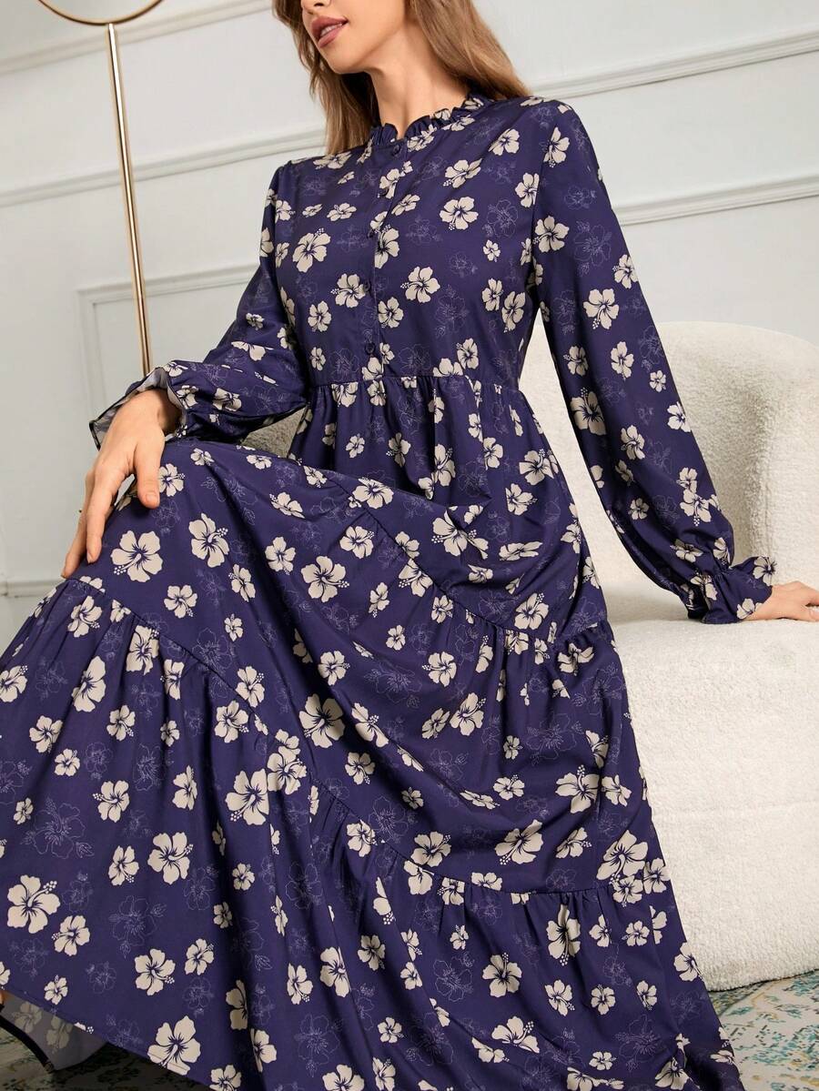 Damen Blume Muster Langarm Arabisches Kleid mit Stehkragen und Rüschensaum aus Webstoff, Urlaub Frühling - Blau - Übersicht 1