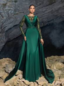 Faeriesty Elegant Sequin Satin Evening Gown With Long Sleeves & Fitted Waist – Flowing Satin Train & Glittering Details For Red Carpet Glamour & Luxury Banquets,Party Dress,Formal,Wedding Guest - Dark Green - View 2