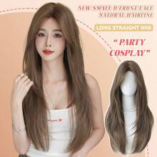 NAMM Peluca larga y recta de color marrón de moda para mujeres, con línea de cabello natural, frontal de encaje pequeño, densidad 2*0.5, parte en U sin pegamento, fibra resistente al calor, peluca sintética con capas frontal de encaje para uso diario, fiesta y principiantes, 30 pulgadas - Marrón - Ver 11