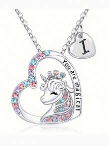 suteyi 女童獨角獸禮物，銀鍍字母A-Z女童心形獨角獸項鏈珠寶首飾首字母獨角獸項鏈生日禮物女童青少年獨角獸禮物 - 銀色 - 查看 32