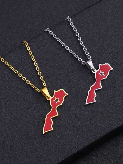 1 件摩洛哥地图吊坠小众设计不锈钢项链，轻巧奢华男女通用装饰情侣礼物