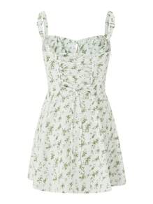 Women's Floral Corset Mini Dress Summer Boho Square Neck Sleeveless Lace-Up Equipped Bustier Dress Spaghetti Strap Flowy Sundress - Green - View 7