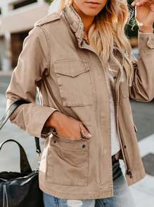 Womens Military Anorak Jacket Zip Up Snap Button Parka Utility Coat Outwear With Pockets - 淺卡其色 - 查看 2