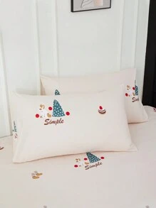 Christmas Bedding Set Double Size, With Soft Digital Print Of Santa Claus, Sleigh, Snowman, Bells, Reindeer And Christmas Tree, 1 Fitted Sheet + 2 Pillowcases + 1 Duvet Cover - 米色 - 查看 6