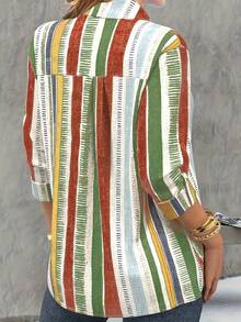 Plus Size Stripe Print Button Front Lapel Collar Shirt