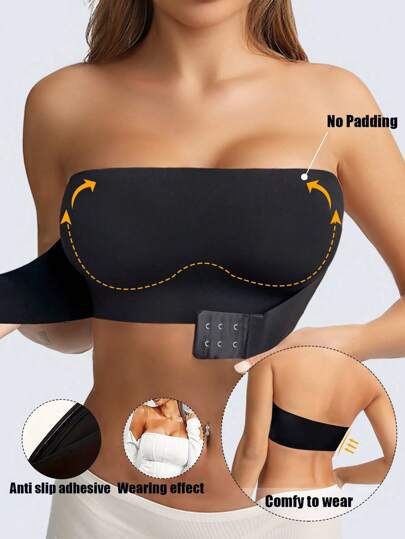 Women Front Closure Strapless Bra Sexy No Padding Wireless Tube Top Seamless Push Up Tube Bras Adjustable Bandeau Non Slip Silicone Intimates Lingerie Black Basic Bralette Elastic Underwear Soft Breathable Fabric ﻿