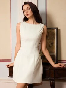 女士纯色优雅无袖迷你连衣裙，饰有超大蝴蝶结，低圆领，适合派对、情人节等场合，尽显温柔奢华优雅。大蝴蝶结，露背设计，夏季女装，舞会礼服，婚礼宾客礼服，春季白色 - 白色 - 查看 2