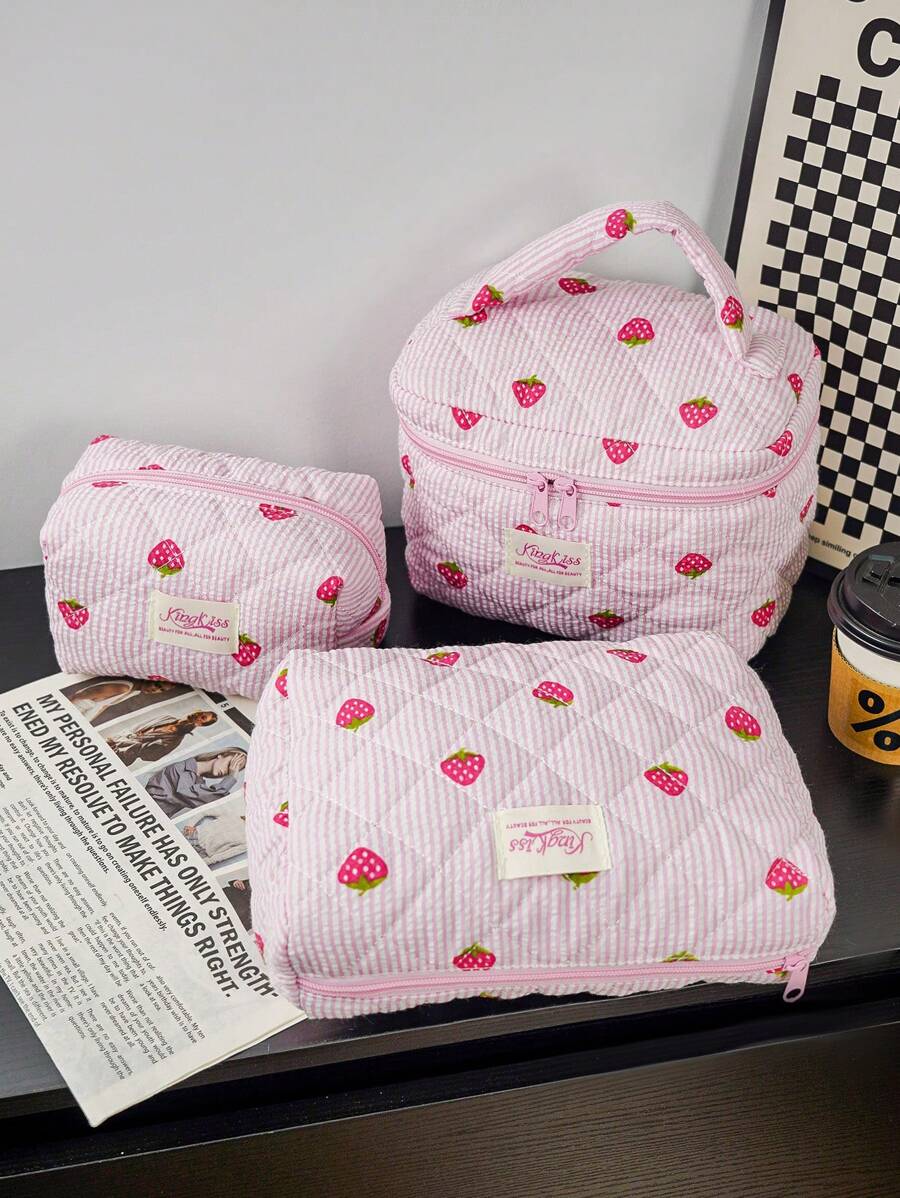 1 件绗缝化妆包可爱粉色手柄化妆包美观旅行盥洗包大容量化妆包多功能化妆品收纳包化妆刷收纳包适用于旅行礼物、情人节、朋友礼物、伴娘节礼物夏季旅行、度假家居浴室装饰节日化妆品收纳包浴室配件返校 - 粉色 - 查看 1