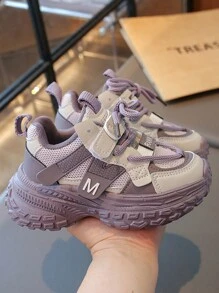 Kids' Fashionable Casual Sports Shoes, Student Running Shoes, Campus Sports Chunky Sneakers, Suitable For All Seasons, Color Blocking Woven Sports Shoes - Pink - View 7