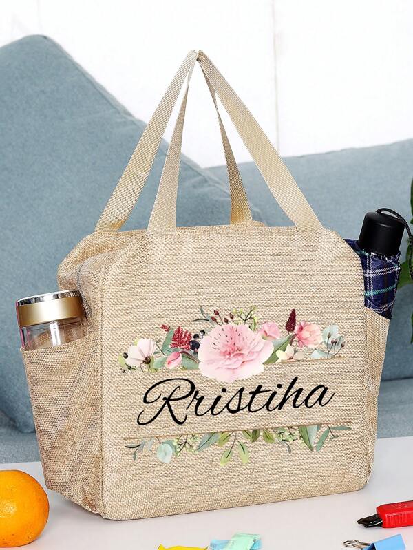 A Large Capacity Customizable Lunch Bag With Floral Design, Personalized Foil Insulated Lunch Bag, Insulated Lunch Box With Zipper Closure, Practical Top Handle, Lightweight, Foldable, Stylish Tote Bag For Women