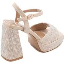 Wedge Heel Shoes With Rhinestones And Strap - Beige - View 4