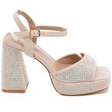 Wedge Heel Shoes With Rhinestones And Strap - Beige - View 2
