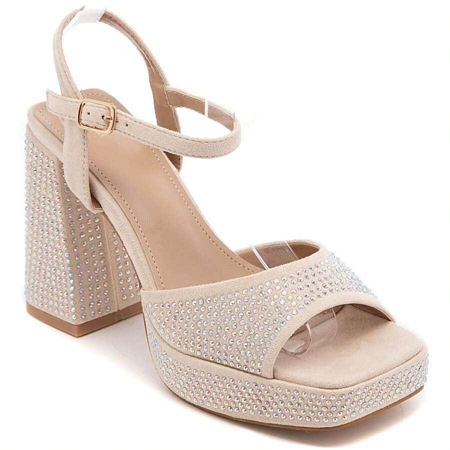 Wedge Heel Shoes With Rhinestones And Strap - Beige - View 1