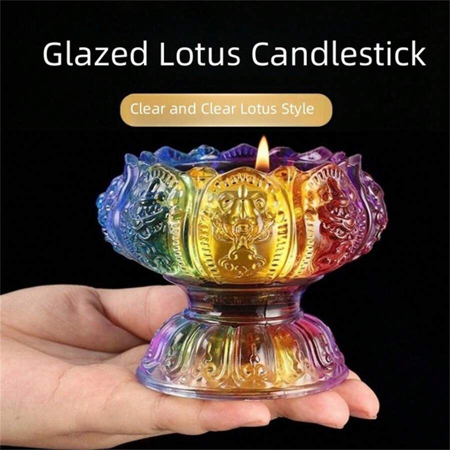 1pc 7-Color Offering Lamp Candle Holder, Home Lotus Crystal Eternal Light Decor - Multicolor - View 1