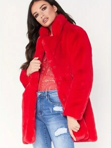 1 pieza Chaqueta de forro sintético de longitud media para mujer con bolsillos y botones a presión ocultos