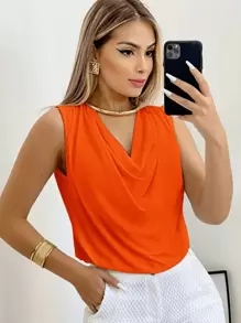 Women's Suplex Tank Top With Simple Boba Collar For Summer - Coral Orange - View 2
